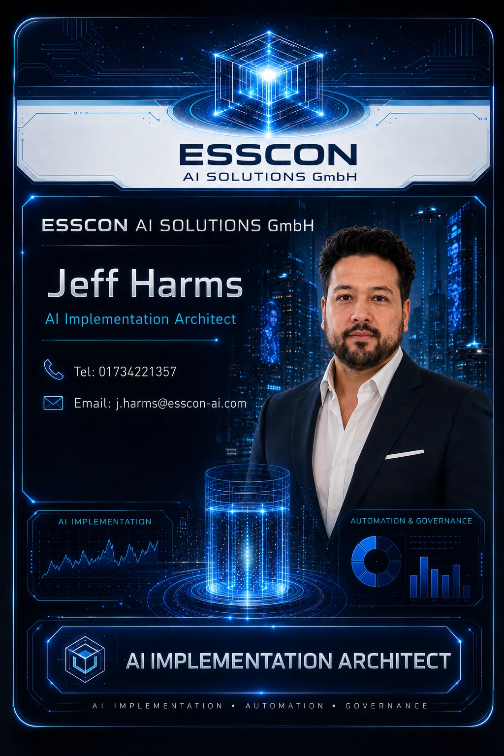 Setcard von Jeff Harms, AI Implementation Architect der ESSCON AI SOLUTIONS GMBH
